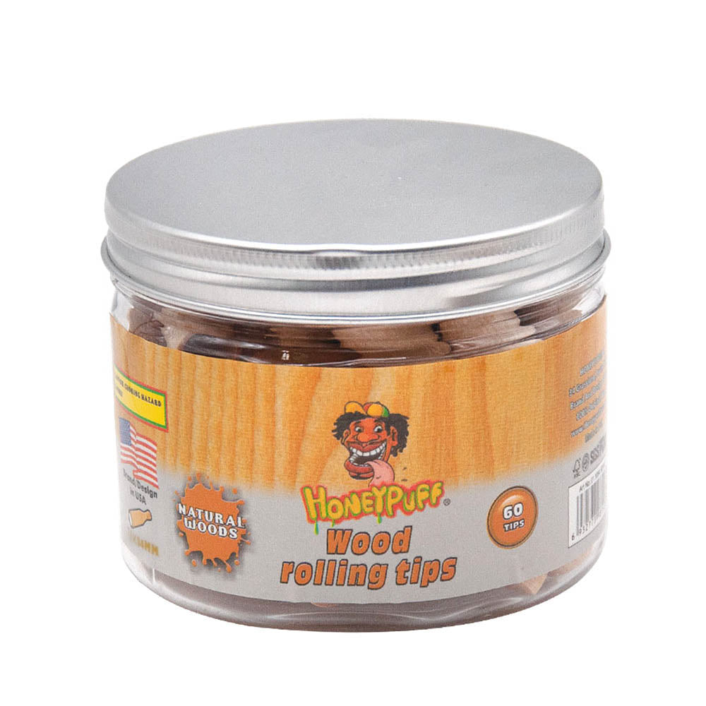 HONEYPUFF Organic Flavored Wood Rolling Filter Tips, 34 mm Cigarette Holder, 60 Tips / Jar