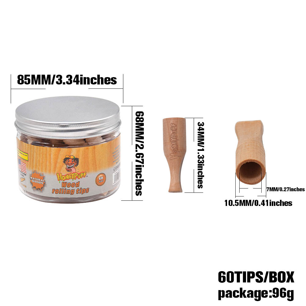 HONEYPUFF Organic Flavored Wood Rolling Filter Tips, 34 mm Cigarette Holder, 60 Tips / Jar