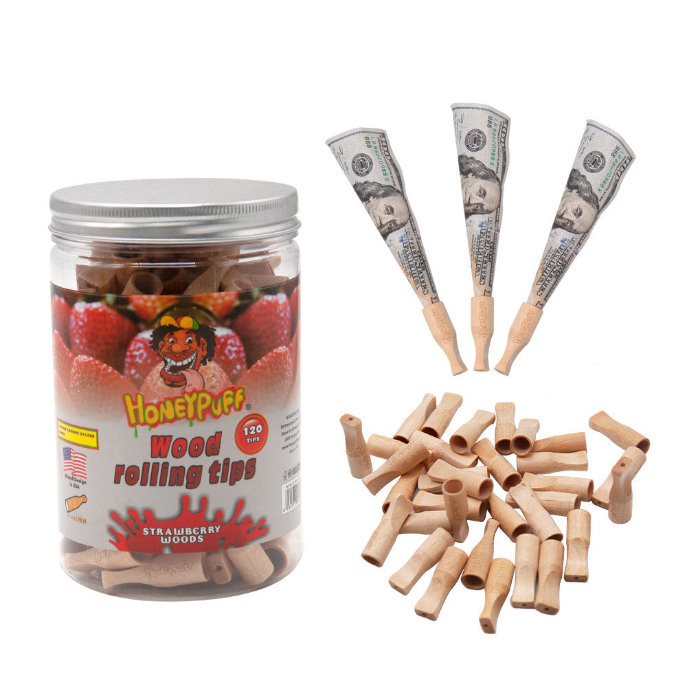 HONEYPUFF Strawberry Flavored Wood Rolling Filter Tips, 35 mm Cigarette Holder, 120 Tips / Jar