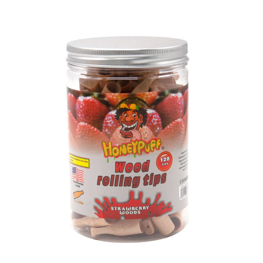 HONEYPUFF Strawberry Flavored Wood Rolling Filter Tips, 35 mm Cigarette Holder, 120 Tips / Jar