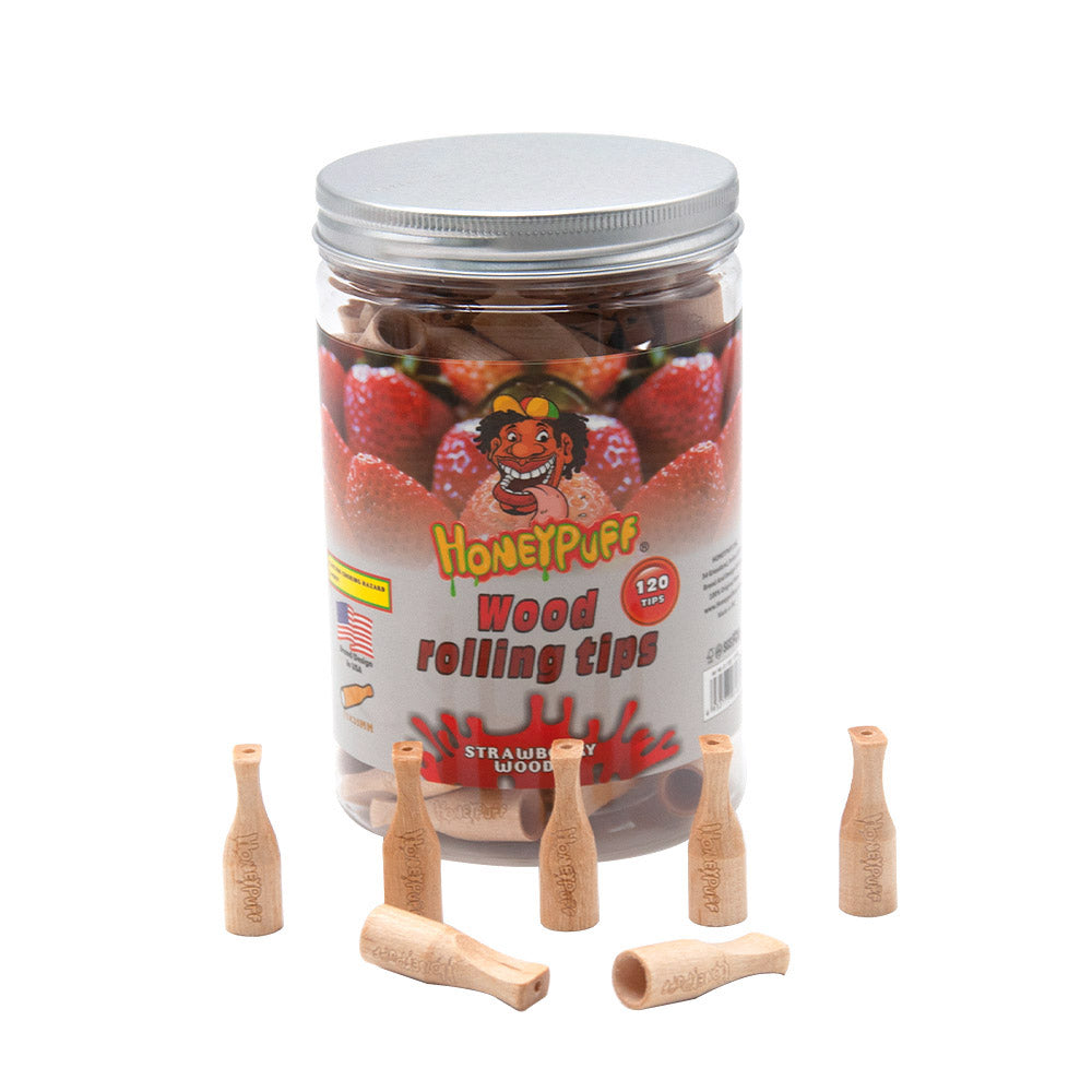 HONEYPUFF Strawberry Flavored Wood Rolling Filter Tips, 35 mm Cigarette Holder, 120 Tips / Jar