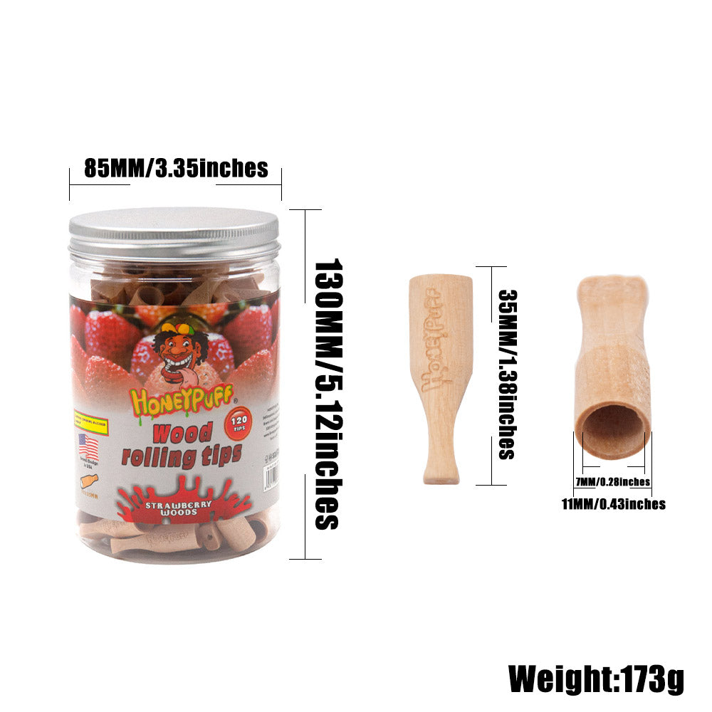 HONEYPUFF Strawberry Flavored Wood Rolling Filter Tips, 35 mm Cigarette Holder, 120 Tips / Jar