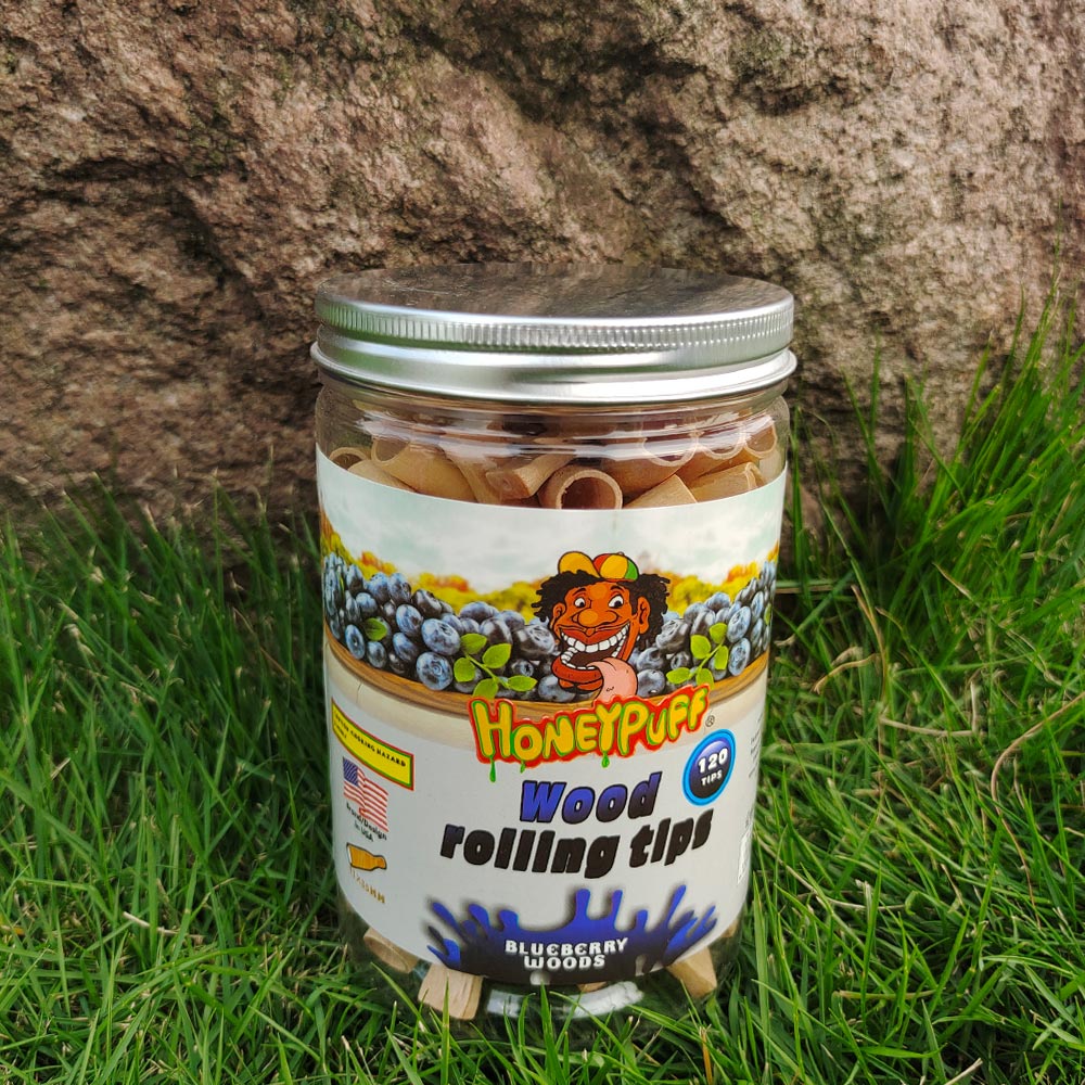 HONEYPUFF Blueberry Flavored Wood Rolling Filter Tips, 35 mm Cigarette Holder, 120 Tips / Jar
