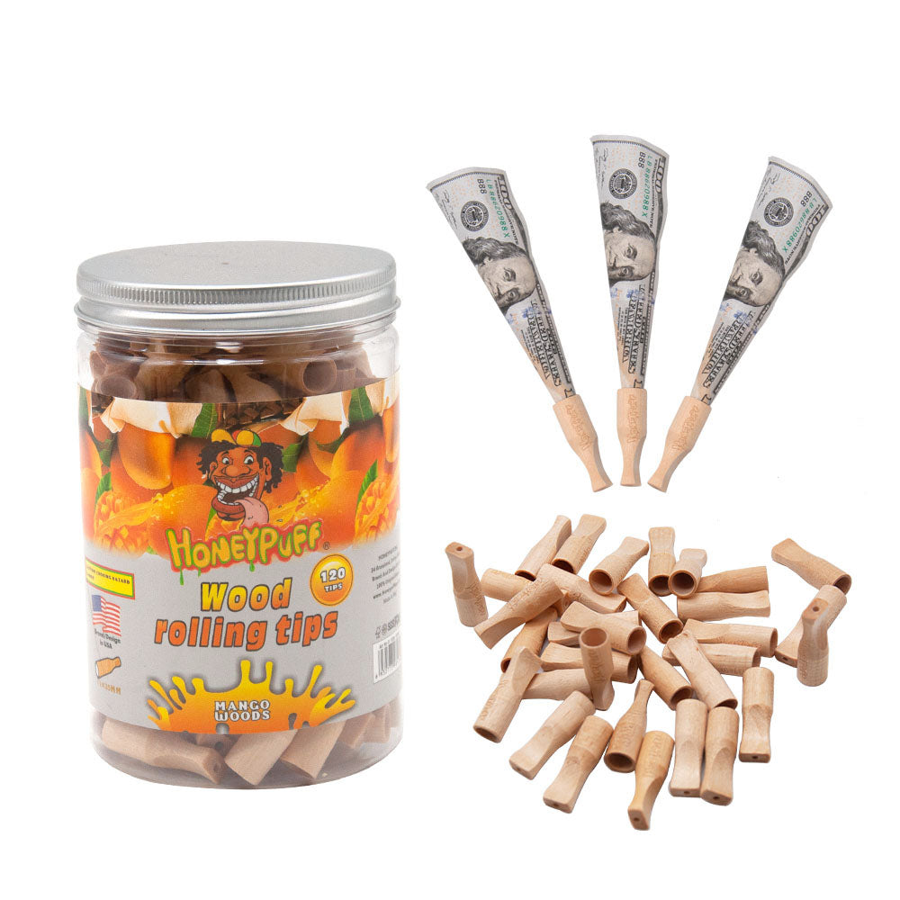 HONEYPUFF Mango Flavored Wood Rolling Filter Tips, 35 mm Cigarette Holder, 120 Tips / Jar