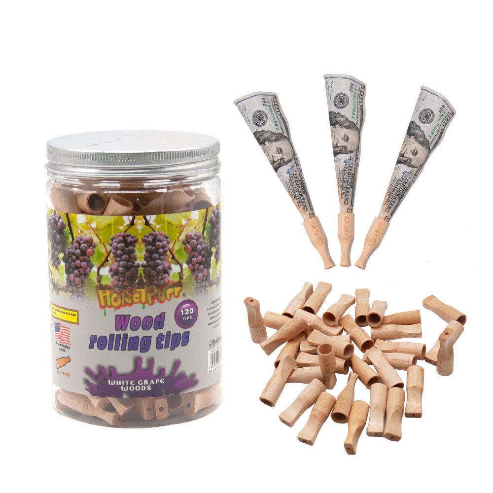 HONEYPUFF Grape Flavored Wood Rolling Filter Tips, 35 mm Cigarette Holder, 120 Tips / Jar