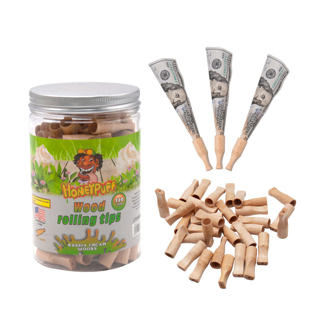 HONEYPUFF Russia Cream Flavored Wood Rolling Filter Tips, 35 mm Cigarette Holder, 120 Tips / Jar