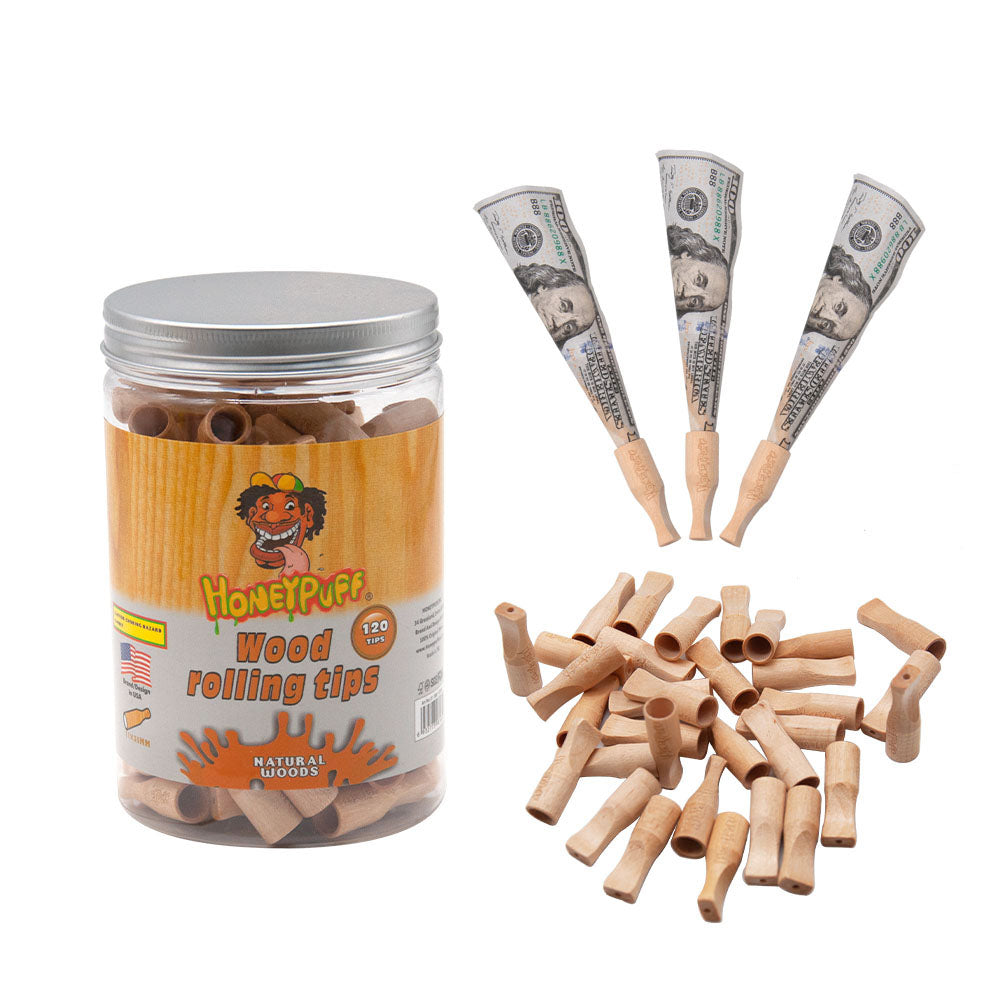 HONEYPUFF Organic Flavored Cigarette Holder, 35 mm Wood Mouth Tips, 120 Tips / Jar