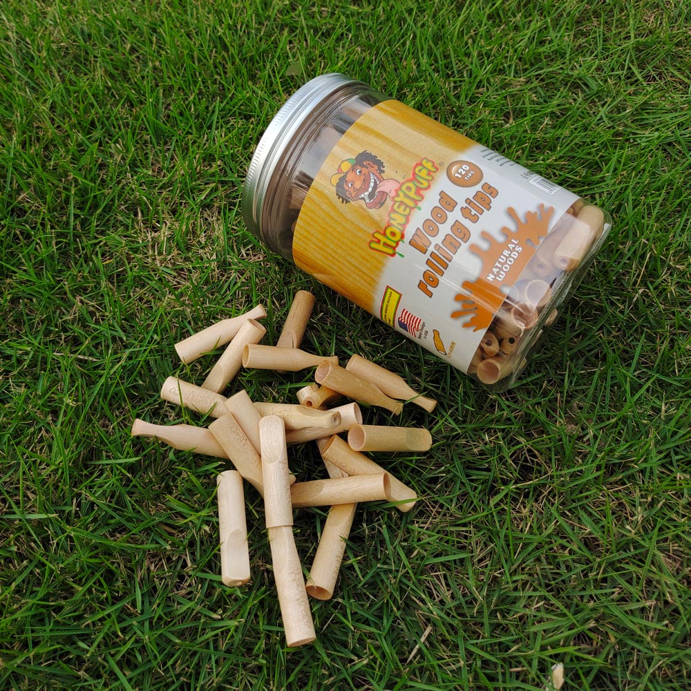HONEYPUFF Organic Flavored Cigarette Holder, 35 mm Wood Mouth Tips, 120 Tips / Jar