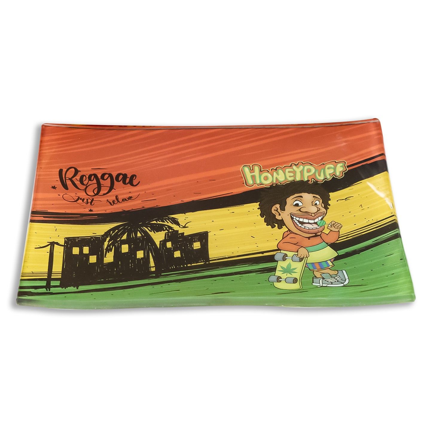 HONEYPUFF Glass Rolling Tray, Shatter Resistant Cigarette Rolling Tray, Rasta Style Rolling Paper Tray, 6.3” x 4.7” Size Cigarette Rolling Tray