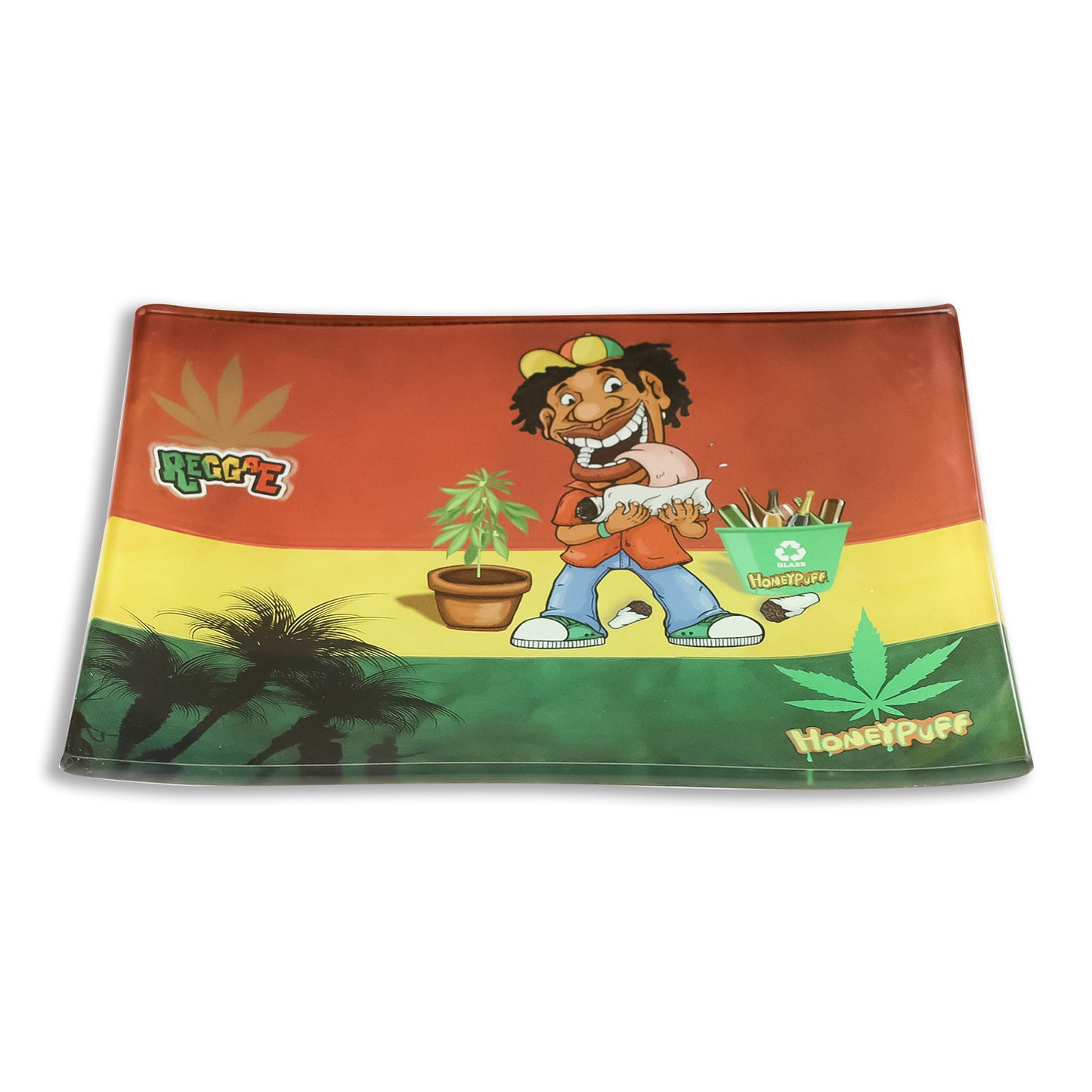 HONEYPUFF Glass Rolling Tray, Shatter Resistant Cigarette Rolling Tray, Rasta Style Rolling Paper Tray, 6.3” x 4.7” Size Cigarette Rolling Tray
