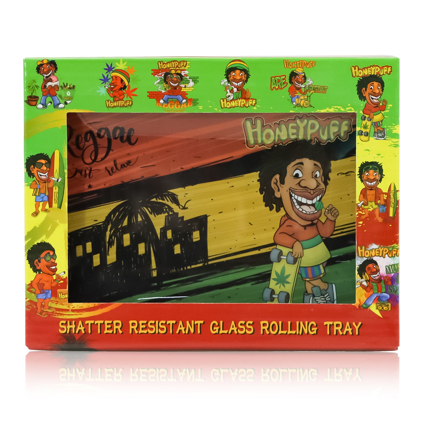 HONEYPUFF Glass Rolling Tray, Shatter Resistant Cigarette Rolling Tray, Rasta Style Rolling Paper Tray, 6.3” x 4.7” Size Cigarette Rolling Tray