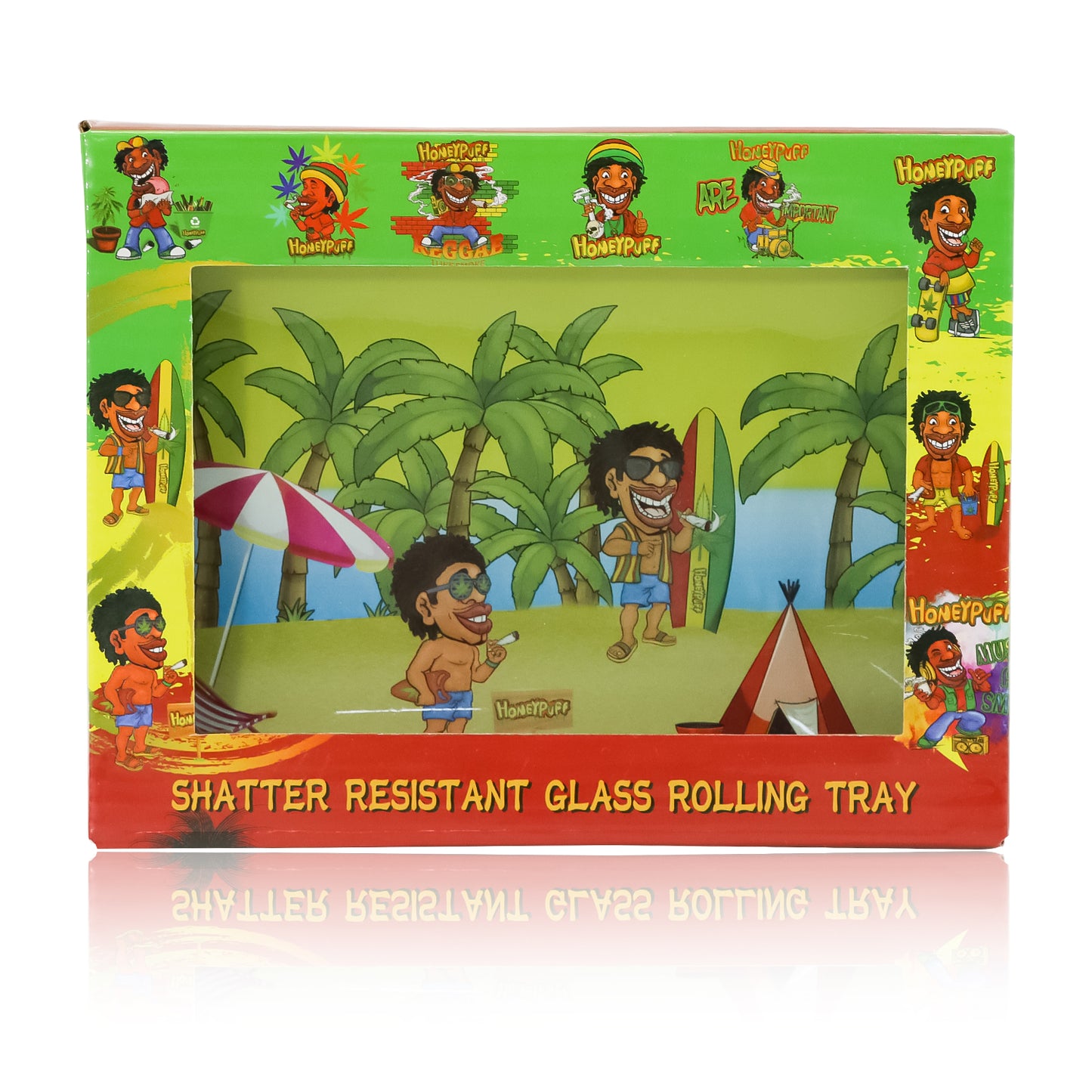 HONEYPUFF Glass Rolling Tray, Shatter Resistant Cigarette Rolling Tray, Rasta Style Rolling Paper Tray, 6.3” x 4.7” Size Cigarette Rolling Tray