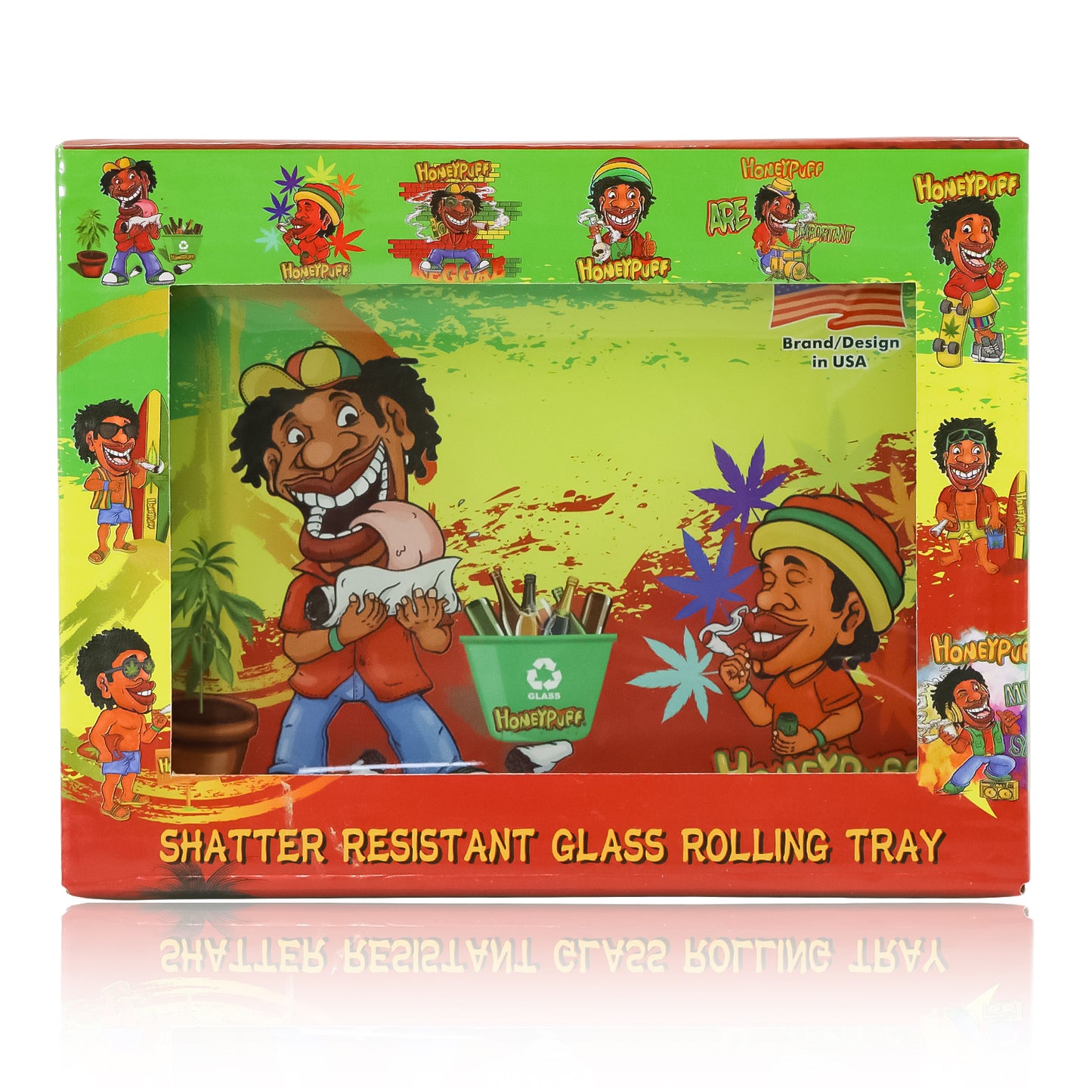 HONEYPUFF Glass Rolling Tray, Shatter Resistant Cigarette Rolling Tray, Rasta Style Rolling Paper Tray, 6.3” x 4.7” Size Cigarette Rolling Tray