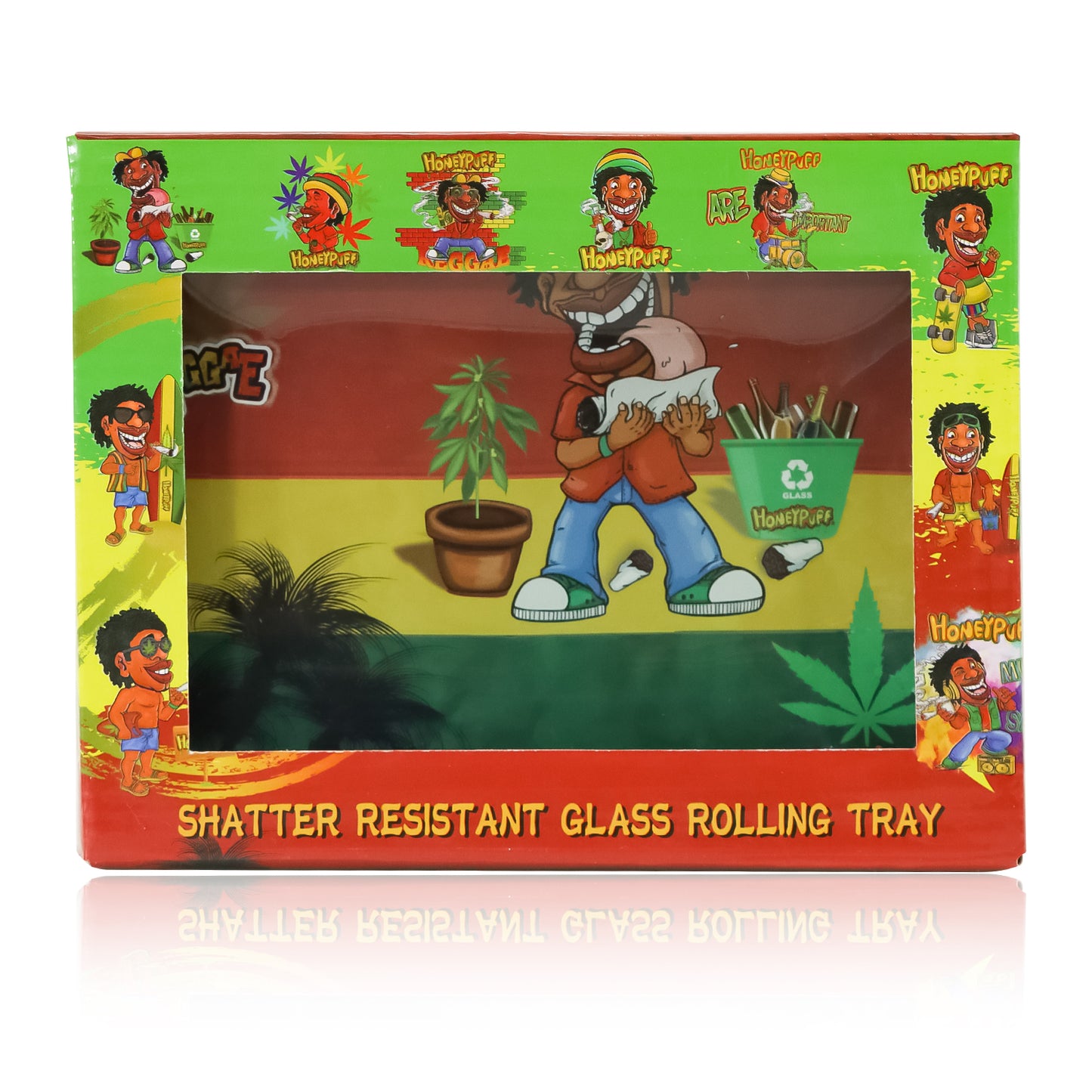 HONEYPUFF Glass Rolling Tray, Shatter Resistant Cigarette Rolling Tray, Rasta Style Rolling Paper Tray, 6.3” x 4.7” Size Cigarette Rolling Tray