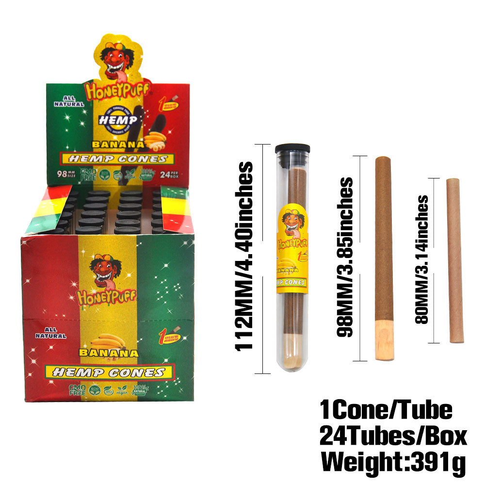 HONEYPUFF 98 mm Banana Flavored Pre Rolled Cones, Wood Tips Rolling Cones & Glass Cigarette Holder, 1 PCS /Tube 24Tubes / Box