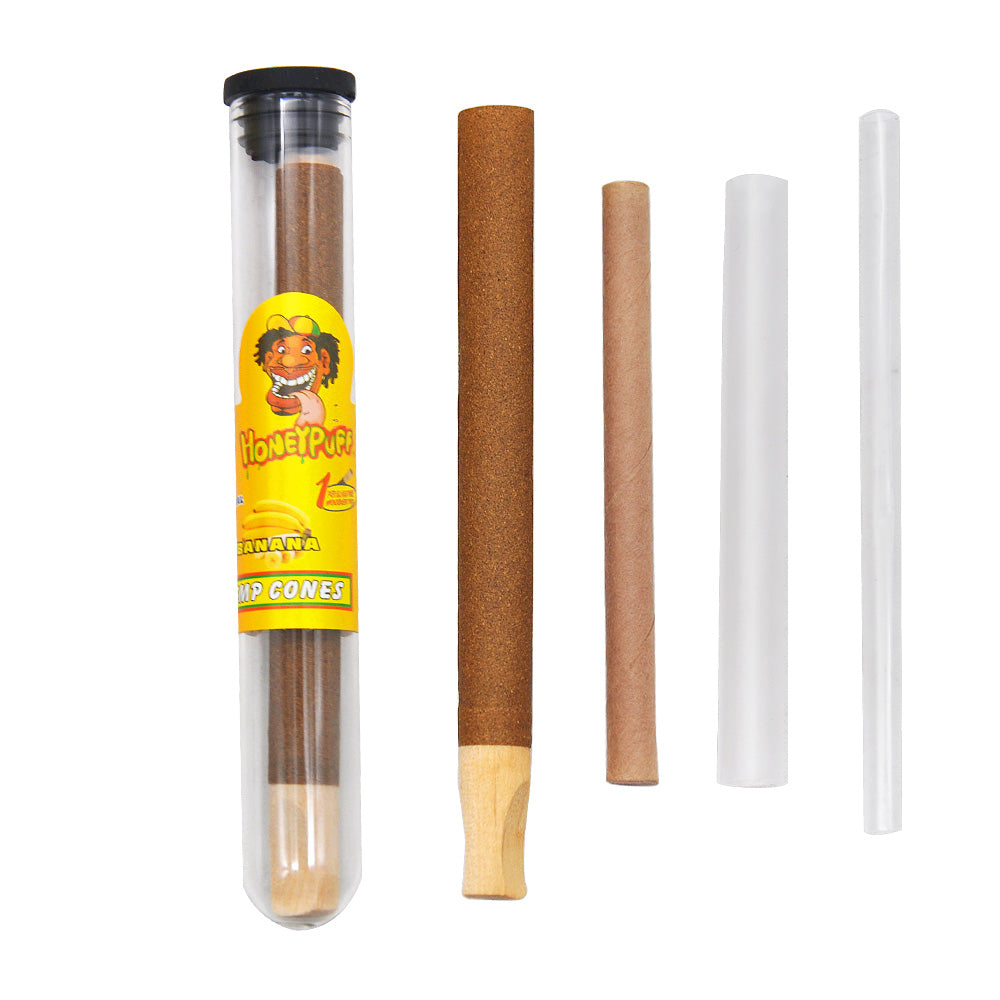 HONEYPUFF 98 mm Banana Flavored Pre Rolled Cones, Wood Tips Rolling Cones & Glass Cigarette Holder, 1 PCS /Tube 24Tubes / Box