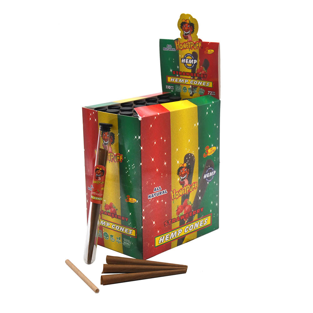 HONEYPUFF Strawberry Flavors Pre Rolled Cones with Tips, King Size Pre Rolled Rolling Paper, Natural Rolling Papers & Glass Cigarette Holder, 3Cone/Tube 24Tubes/Box