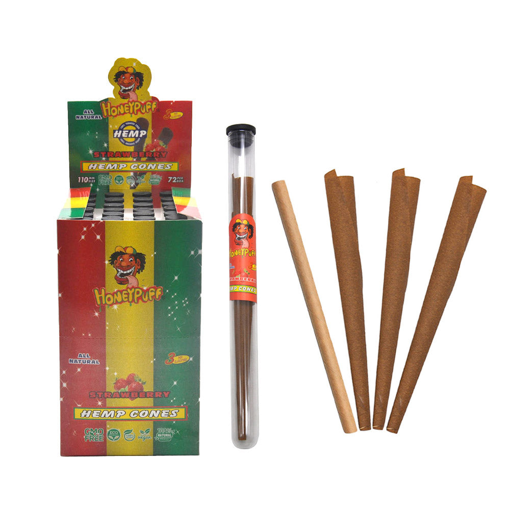 HONEYPUFF Strawberry Flavors Pre Rolled Cones with Tips, King Size Pre Rolled Rolling Paper, Natural Rolling Papers & Glass Cigarette Holder, 3Cone/Tube 24Tubes/Box