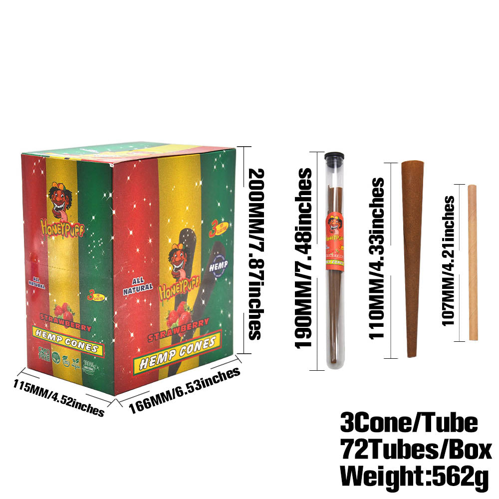 HONEYPUFF Strawberry Flavors Pre Rolled Cones with Tips, King Size Pre Rolled Rolling Paper, Natural Rolling Papers & Glass Cigarette Holder, 3Cone/Tube 24Tubes/Box