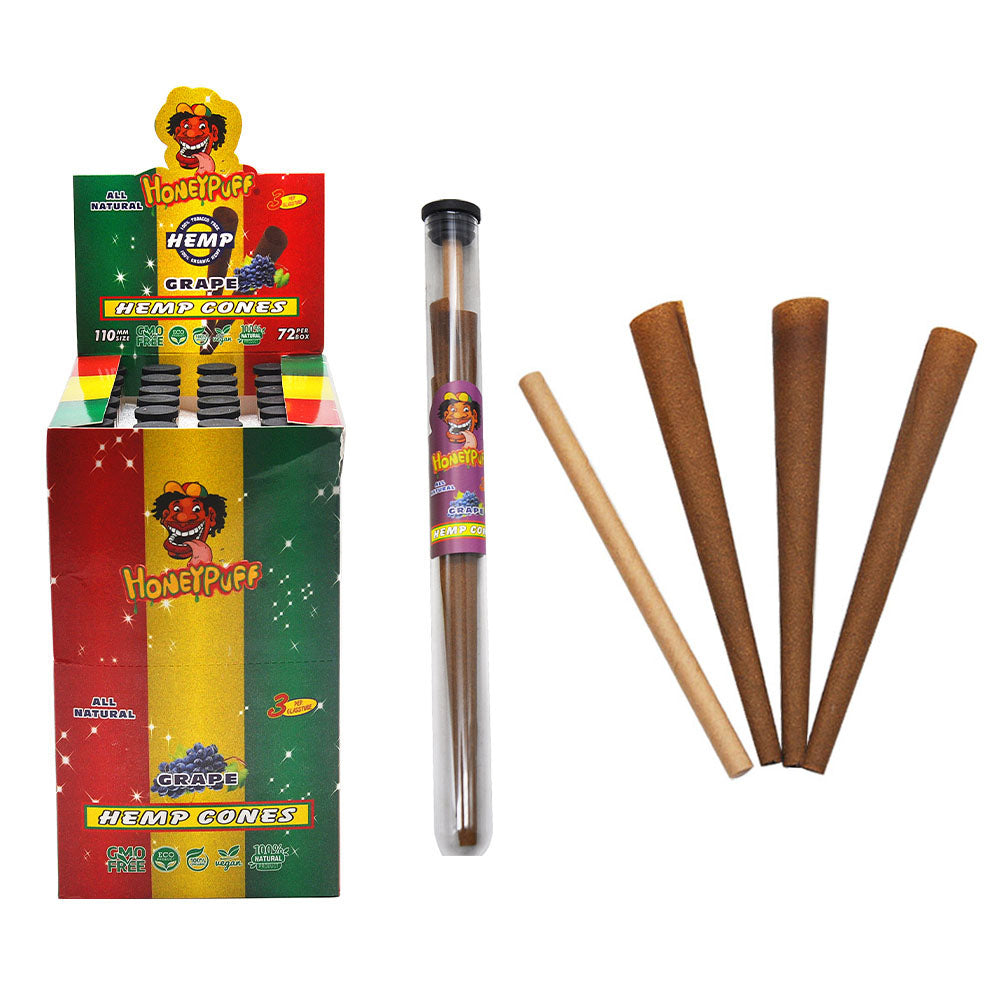 HONEYPUFF Grape Flavors Pre Rolled Cones with Tips, King Size Pre Rolled Rolling Paper, Natural Rolling Papers & Glass Cigarette Holder, 3Cone/Tube 24Tubes/Box