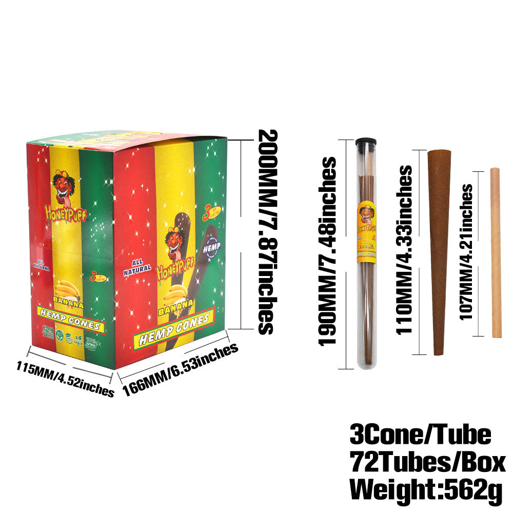 HONEYPUFF Banana Flavors Pre Rolled Cones with Tips, King Size Pre Rolled Rolling Paper, Natural Rolling Papers & Glass Cigarette Holder, 3Cone/Tube 24Tubes/Box