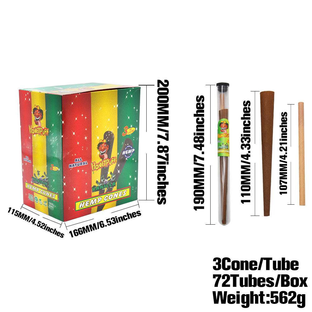 HONEYPUFF Vanilla Flavors Pre Rolled Cones with Tips, King Size Pre Rolled Rolling Paper, Natural Rolling Papers & Glass Cigarette Holder, 3Cone/Tube 24Tubes/Box