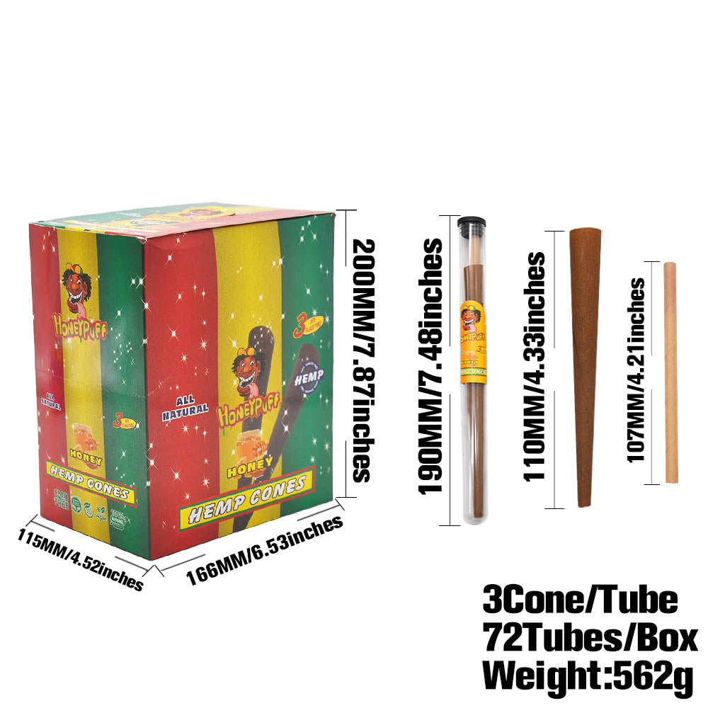 HONEYPUFF Honey Flavors Pre Rolled Cones with Tips, King Size Pre Rolled Rolling Paper, Natural Rolling Papers & Glass Cigarette Holder, 3Cone/Tube 24Tubes/Box