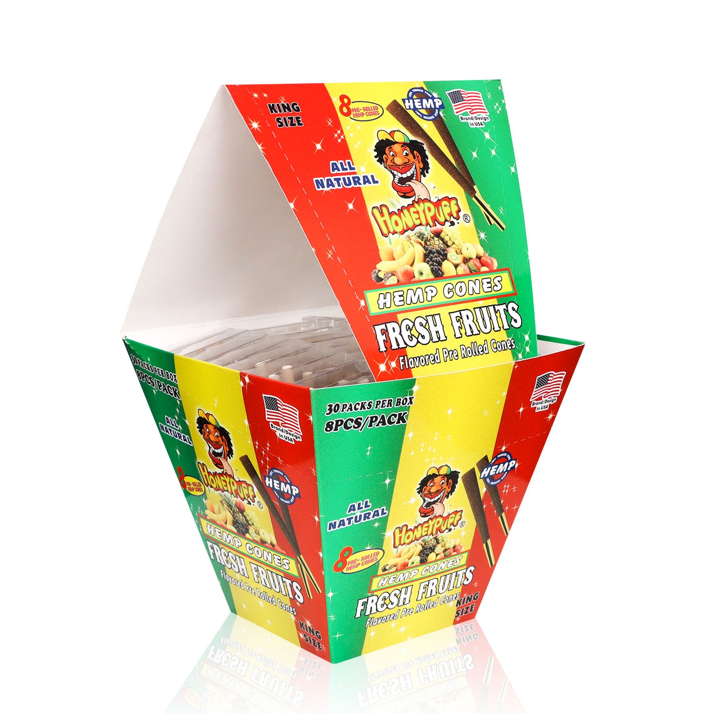 HONEYPUFF Fresh Fruit Flavored Pre Rolled Cones, King Size Rolling Cones with Tips, Slow Burning Rolling Papers, 8 Pcs / Pack 30 Packs / Box