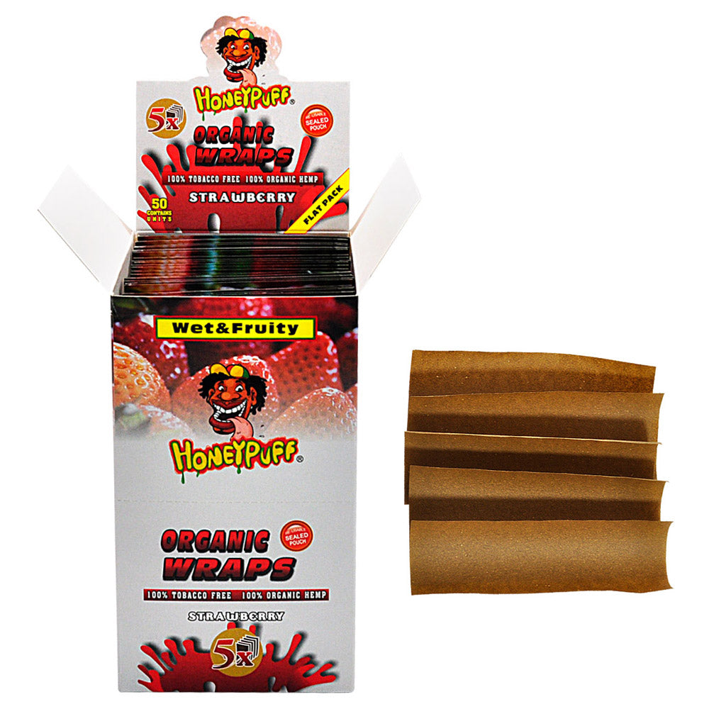 HONEYPUFF Strawberry Flavored Rolling Papers, King Size Cigarette Rolling Paper & Resealable Zip Pack, 5 Pieces / Pack 50 Packs / Box
