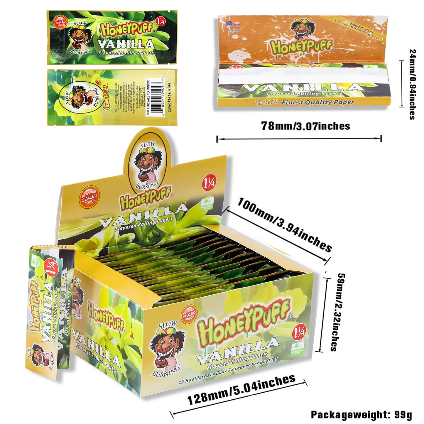 HONEYPUFF 1 1/4 Size Vanilla Flavored Rolling Papers, Slow Burning Cigarette Rolling Papers (50 PCS)
