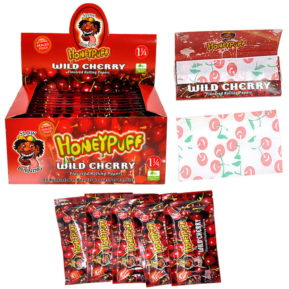 HONEYPUFF 1 1/4 Size Cherry Flavor Rolling Papers, Natural Cigarette Rolling Papers, 12 Pack / Case