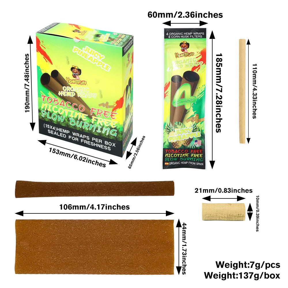 HONEYPUFF Pineapple Flavors Rolling Papers, King Size Cigarette Rolling Paper with Tips, Slow Burning Rolling Paper & Biodegradable, 4 Pieces / Pack 15 Pack / Box