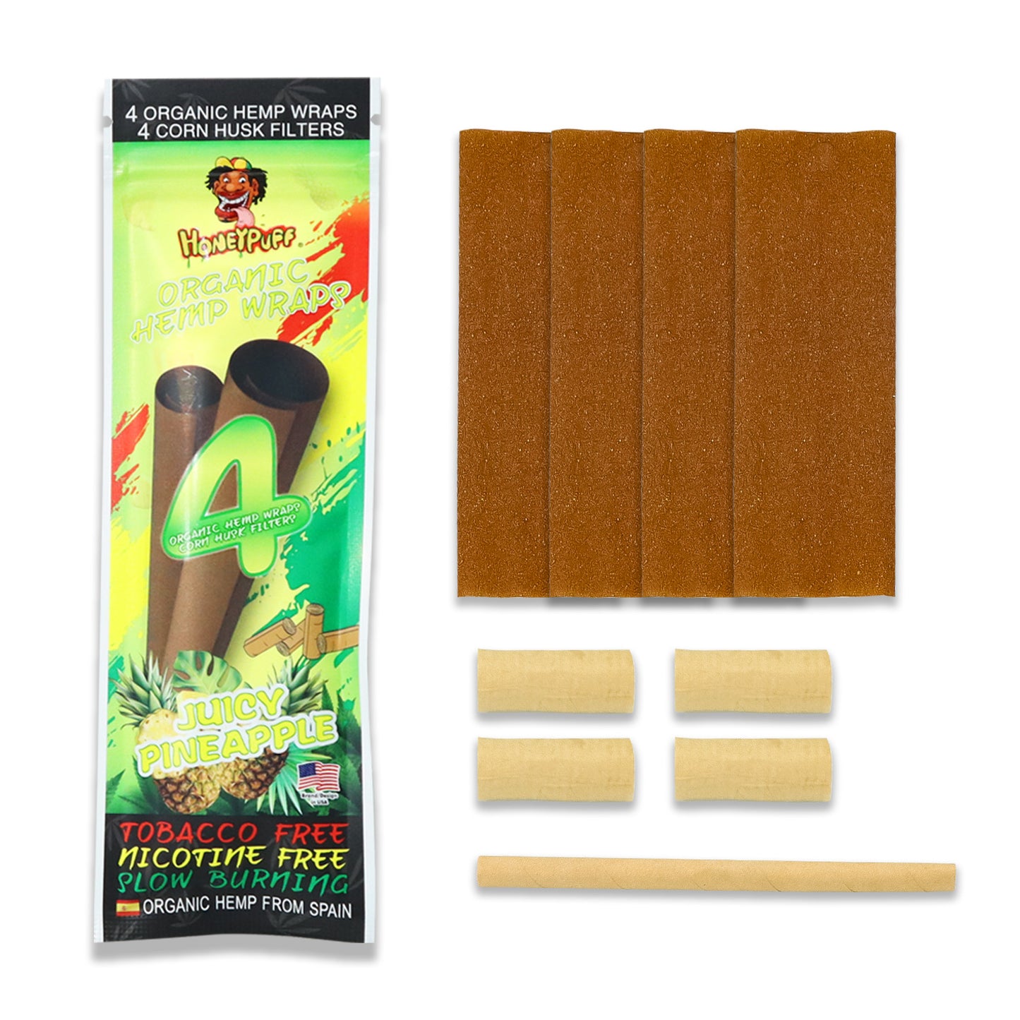 HONEYPUFF Pineapple Flavors Rolling Papers, King Size Cigarette Rolling Paper with Tips, Slow Burning Rolling Paper & Biodegradable, 4 Pieces / Pack 15 Pack / Box
