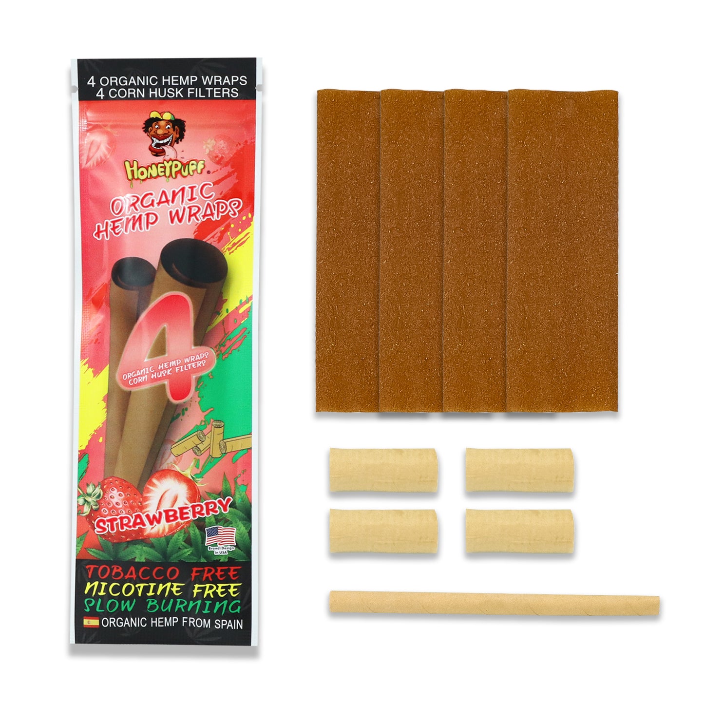 HONEYPUFF Strawberry Flavors Rolling Papers, King Size Cigarette Rolling Paper with Tips, Slow Burning Rolling Paper & Biodegradable, 4 Pieces / Pack 15 Pack / Box