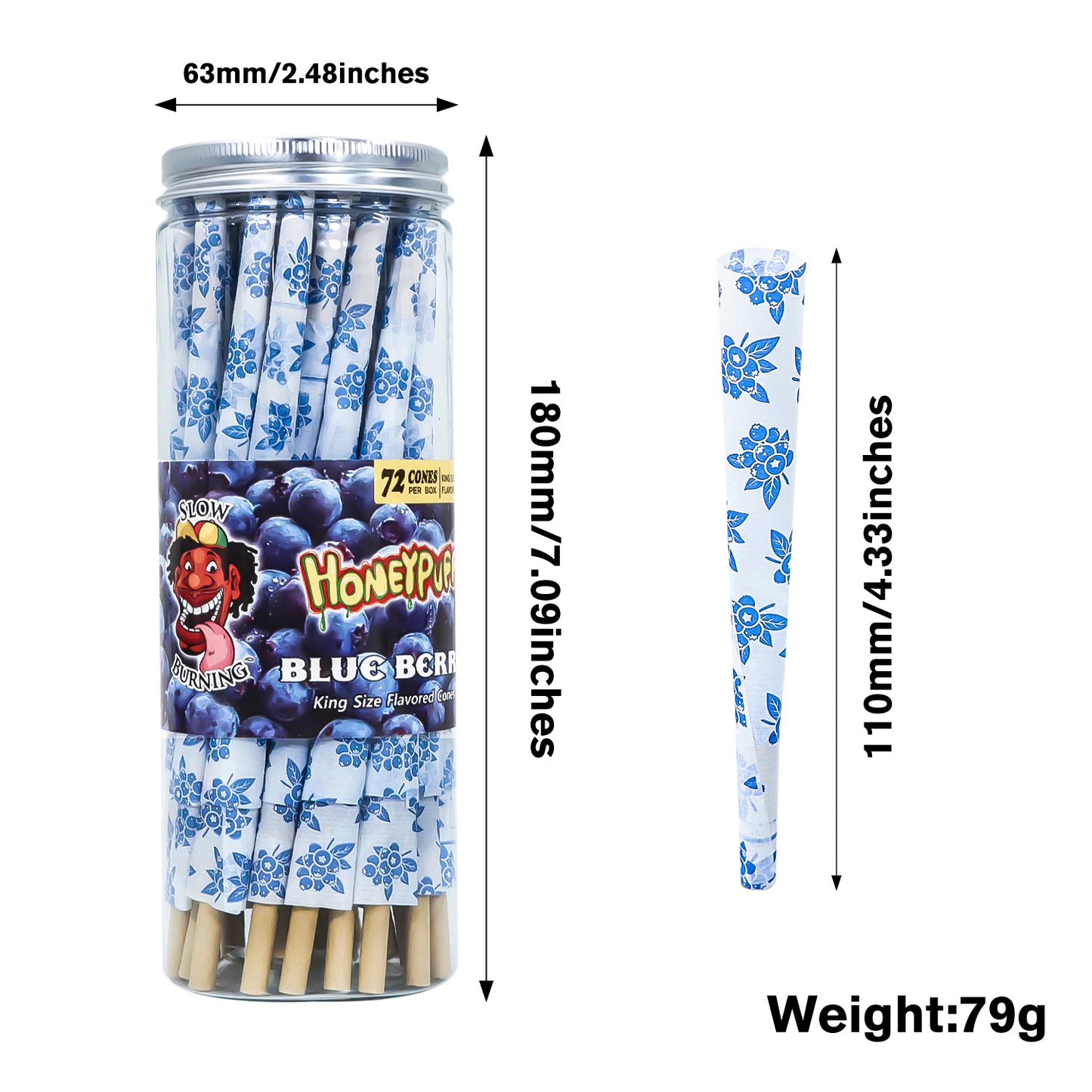 HONEYPUFF Blueberry Flavor Pre Rolled Cones, King Size Pre Rolled Rolling Paper with Tips, Slow Burning Papers (72 PCS)