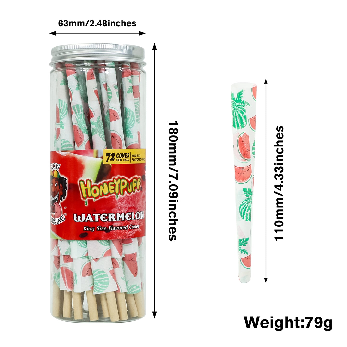 HONEYPUFF Watermelon Flavor Pre Rolled Cones, King Size Pre Rolled Rolling Paper with Tips, Slow Burning Papers (72 PCS)