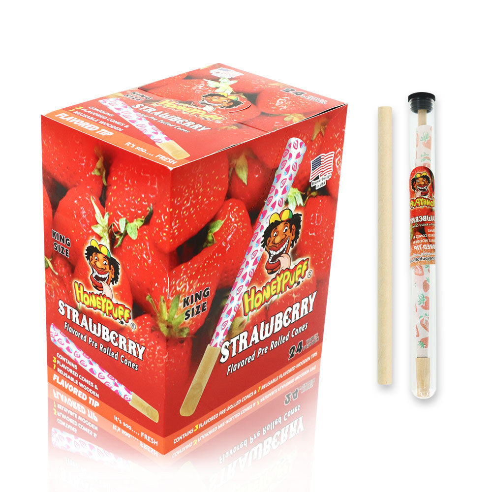 HONEYPUFF Strawberry Flavors Pre Rolled Cones With Wood Tips, King Size Rolling Paper & Glass Cigarette Holder Slow Burning Rolling Cones