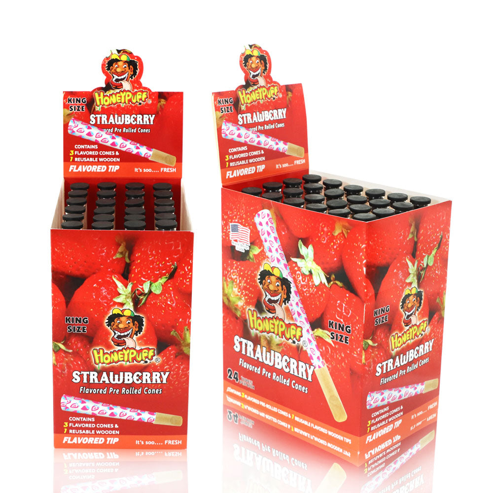 HONEYPUFF Strawberry Flavors Pre Rolled Cones With Wood Tips, King Size Rolling Paper & Glass Cigarette Holder Slow Burning Rolling Cones