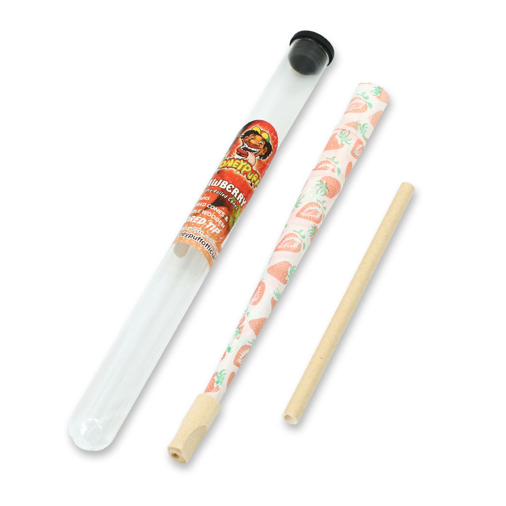 HONEYPUFF Strawberry Flavors Pre Rolled Cones With Wood Tips, King Size Rolling Paper & Glass Cigarette Holder Slow Burning Rolling Cones
