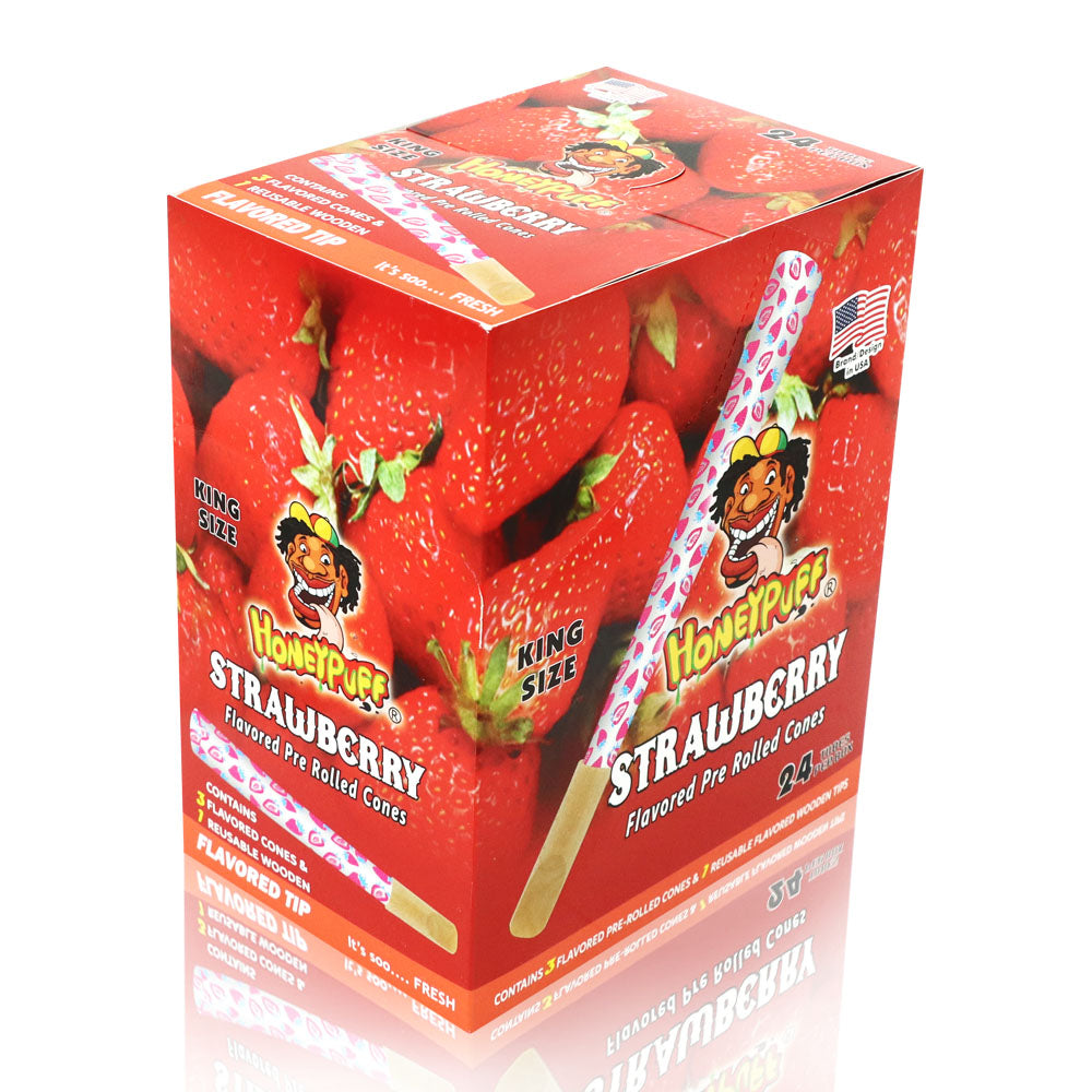 HONEYPUFF Strawberry Flavors Pre Rolled Cones With Wood Tips, King Size Rolling Paper & Glass Cigarette Holder Slow Burning Rolling Cones