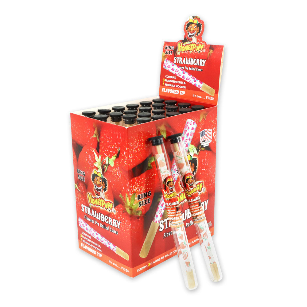 HONEYPUFF Strawberry Flavors Pre Rolled Cones With Wood Tips, King Size Rolling Paper & Glass Cigarette Holder Slow Burning Rolling Cones