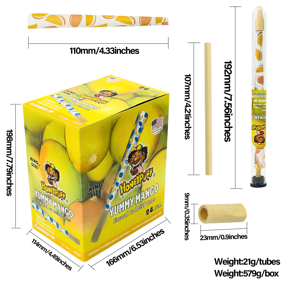 HONEYPUFF Mango Flavors Pre Rolled Cones With Wood Tips, King Size Rolling Paper & Glass Cigarette Holder Slow Burning Rolling Cones