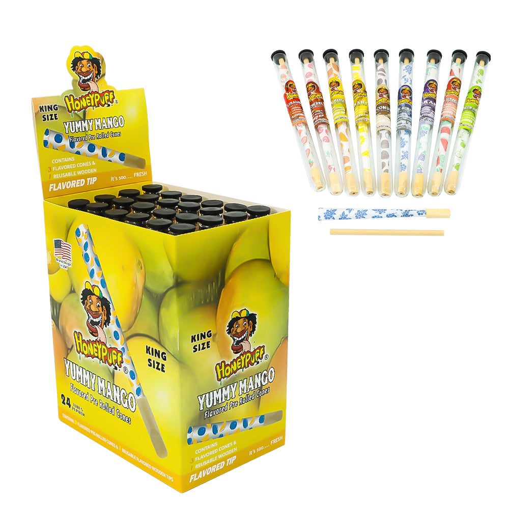 HONEYPUFF Mango Flavors Pre Rolled Cones With Wood Tips, King Size Rolling Paper & Glass Cigarette Holder Slow Burning Rolling Cones