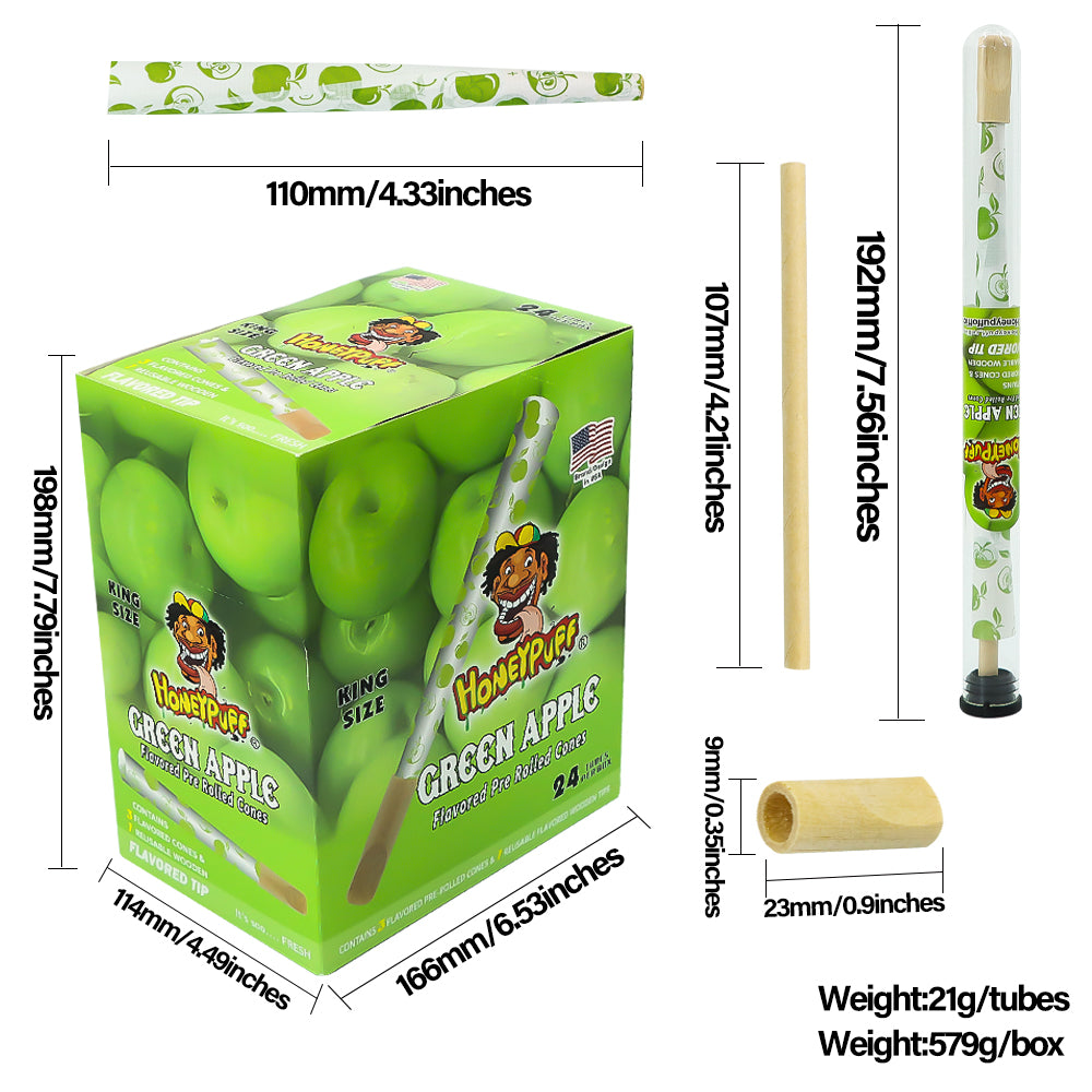 HONEYPUFF Green Apple Flavors Pre Rolled Cones With Wood Tips, King Size Rolling Paper & Glass Cigarette Holder Slow Burning Rolling Cones