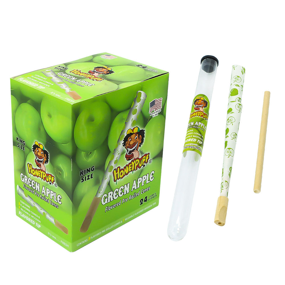 HONEYPUFF Green Apple Flavors Pre Rolled Cones With Wood Tips, King Size Rolling Paper & Glass Cigarette Holder Slow Burning Rolling Cones