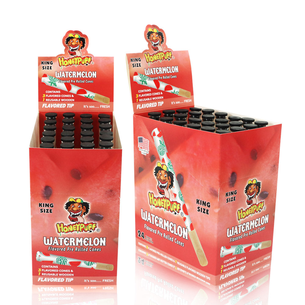 HONEYPUFF Watermelon Flavors Pre Rolled Cones With Wood Tips, King Size Rolling Paper & Glass Cigarette Holder Slow Burning Rolling Cones