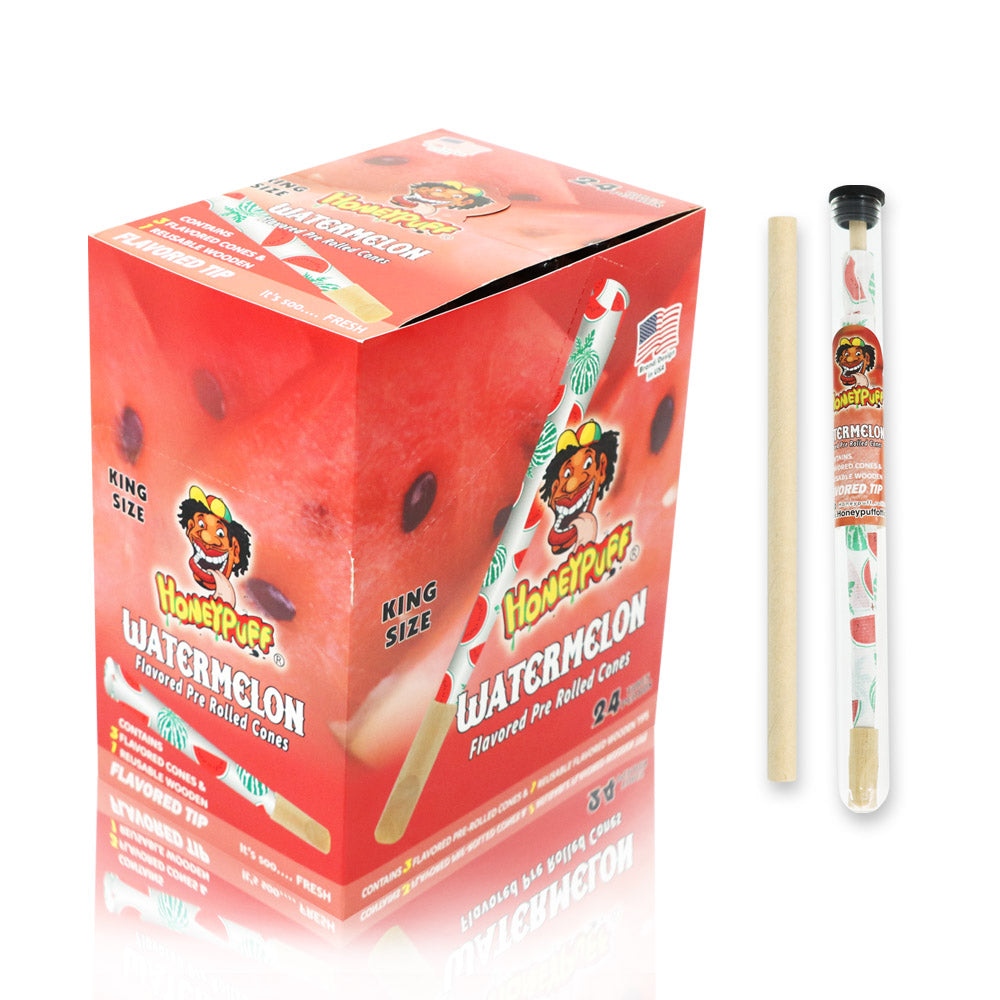 HONEYPUFF Watermelon Flavors Pre Rolled Cones With Wood Tips, King Size Rolling Paper & Glass Cigarette Holder Slow Burning Rolling Cones
