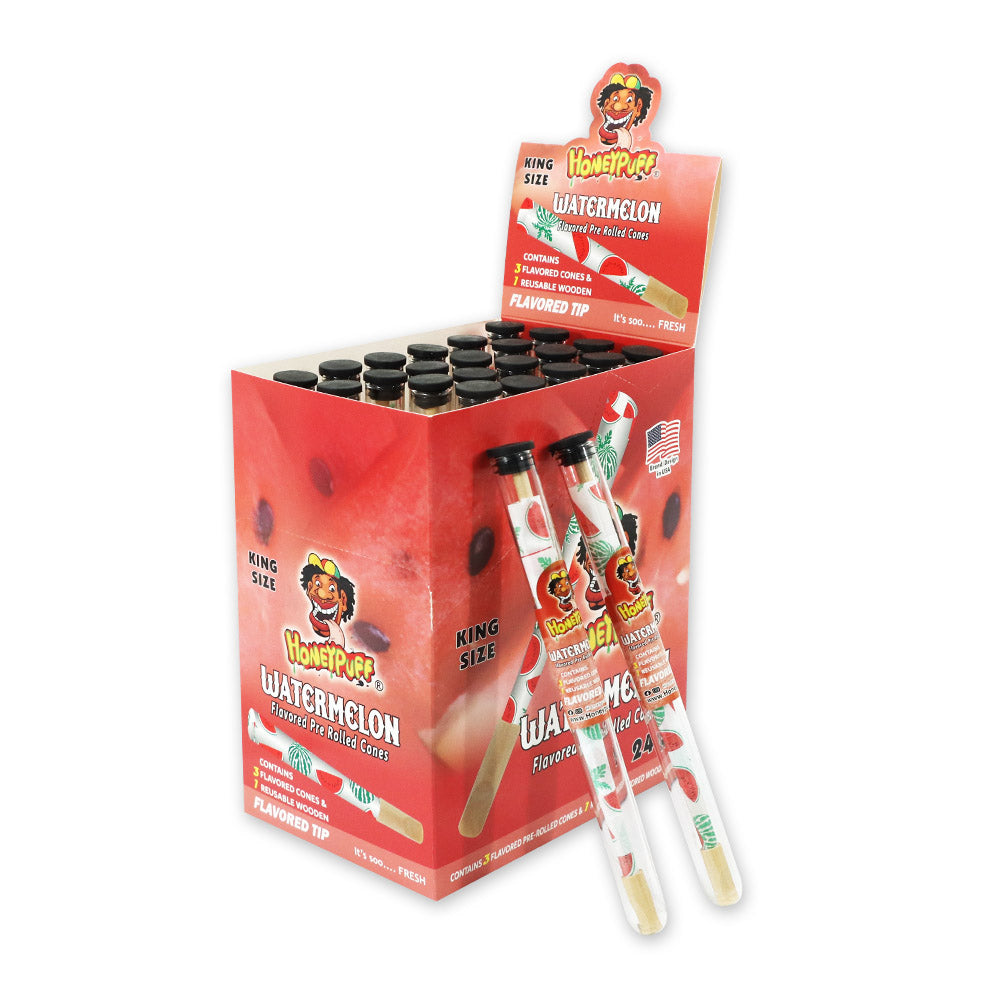 HONEYPUFF Watermelon Flavors Pre Rolled Cones With Wood Tips, King Size Rolling Paper & Glass Cigarette Holder Slow Burning Rolling Cones