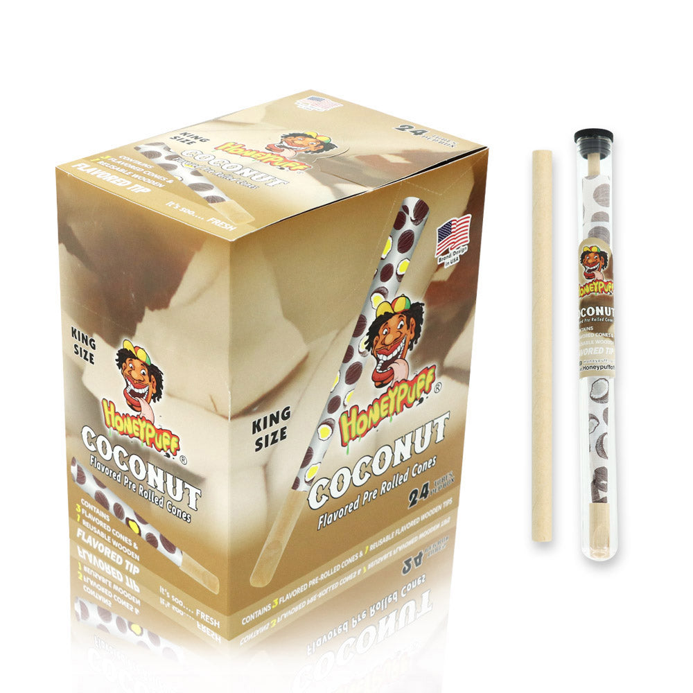 HONEYPUFF Coconut Flavors Pre Rolled Cones With Wood Tips, King Size Rolling Paper & Glass Cigarette Holder Slow Burning Rolling Cones