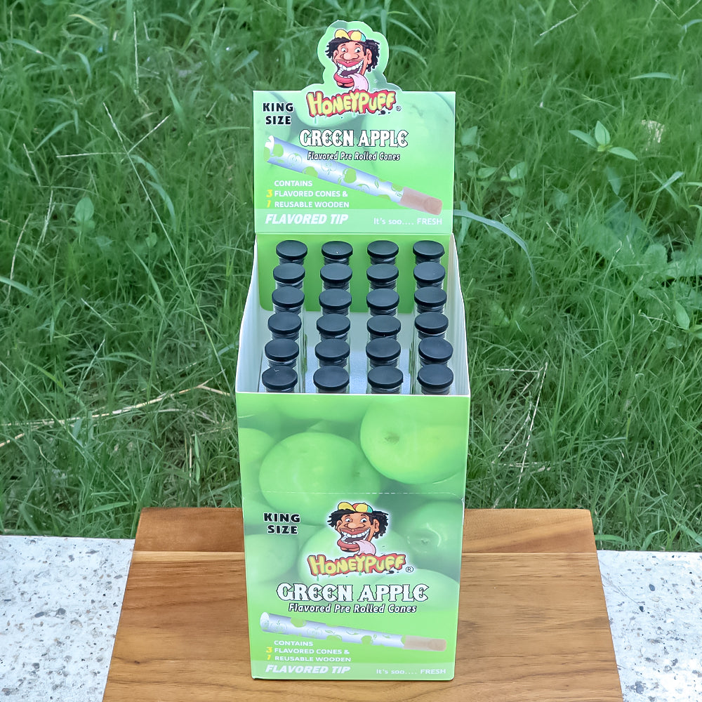 HONEYPUFF Green Apple Flavors Pre Rolled Cones With Wood Tips, King Size Rolling Paper & Glass Cigarette Holder Slow Burning Rolling Cones